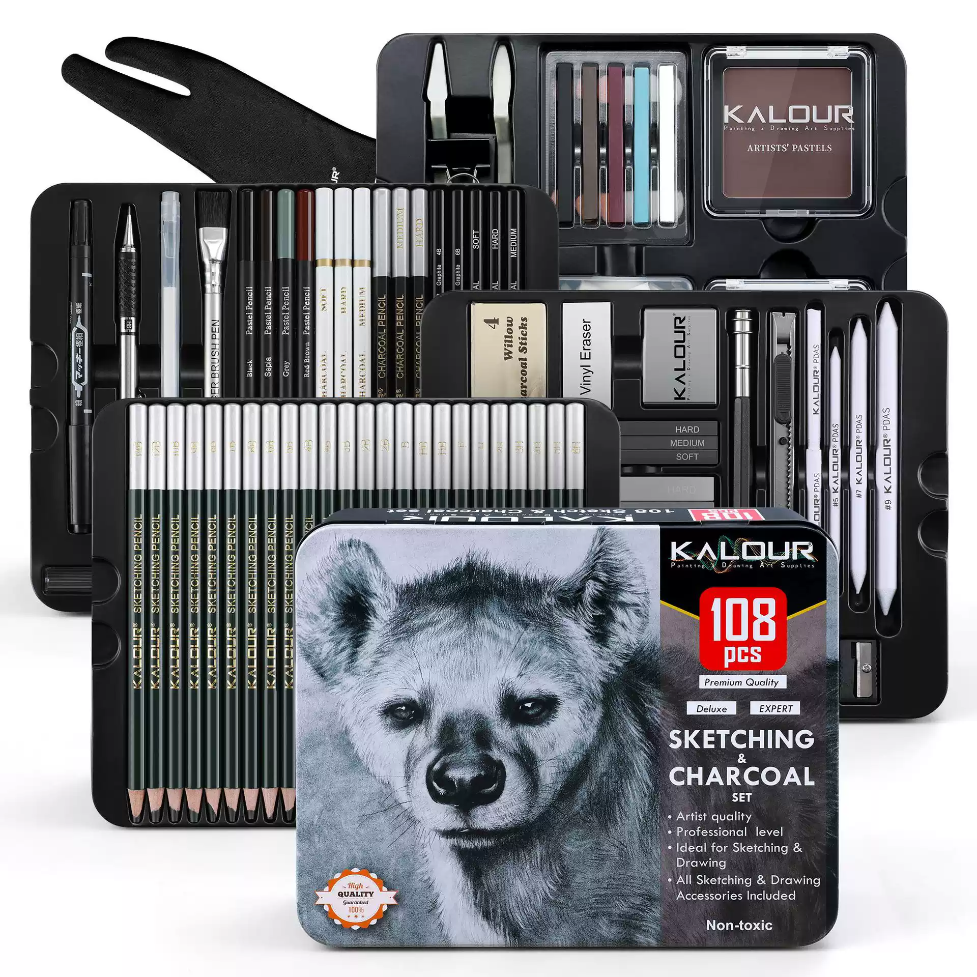 KALOUR Kit Artístico Profissional de Desenho e Esboço com 108 Peças em Estojo de Metal